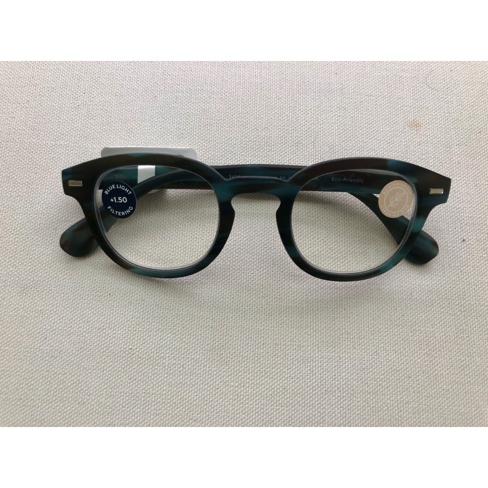 New Teal Faux Horn Round Peepers Blue Light Filtering Readers +1.50